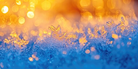 Poster - Close-up of blue snow and frost featuring a yellow and orange gradient.