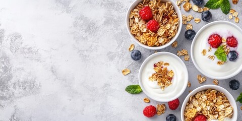 Aufkleber - Breakfast food idea featuring cereals, yogurt, and berries on a concrete surface with copy space.