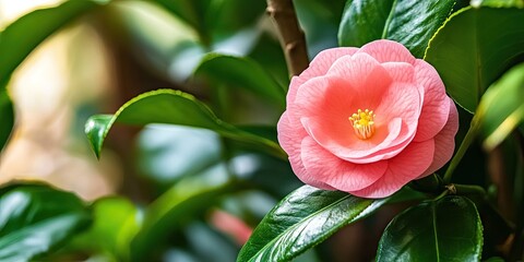 Poster - A close-up of a fresh, beautiful pink flower with green leaves. The image conveys themes of Valentine's, gifts, freshness, health, and natural organic elements with copy space.
