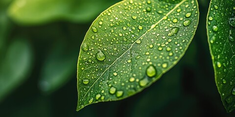 Aufkleber - Close-up of a green leaf with water droplets.