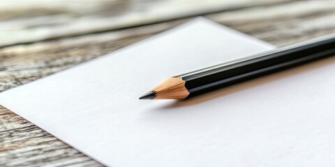Fototapete - Blank paper with a black pencil on a wooden surface. Soft focus.