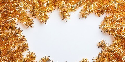 Poster - Frame of glittering tinsel on a white background, top view. Space for text.
