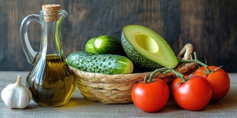 Canvas Print - Tomatoes, cucumbers, and avocado on the table and in a basket, along with olive oil, balsamic vinegar, garlic, vegetables, vegetarianism, and healthy eating.