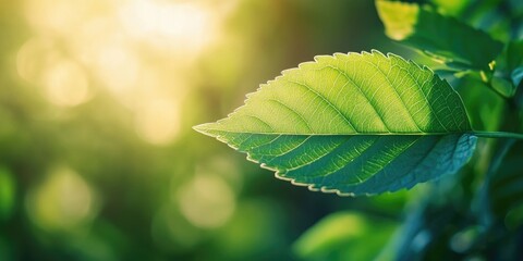 Poster - Close-up view of a green leaf with a blurred greenery background in a garden, featuring copyspace for use as a natural green plants landscape, ecology, or fresh wallpaper concept in a blurred image.