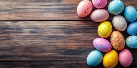 Aufkleber - Flat lay of colorful Easter eggs arranged on a wooden background. Easter-themed backdrop or concept. Happy Easter.
