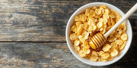 Aufkleber - Corn flakes with honey in a white bowl on a wooden surface. Copy space.