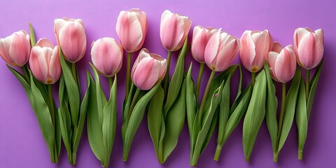 Aufkleber - Bouquet of pink tulips on a purple background with copyspace. Top view. Flat lay. Vertical image.