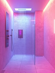 Aufkleber - Experience the luxury of a high-tech bathroom with a smart shower system, touch panel temperature controls, and ambient lighting. Generative AI