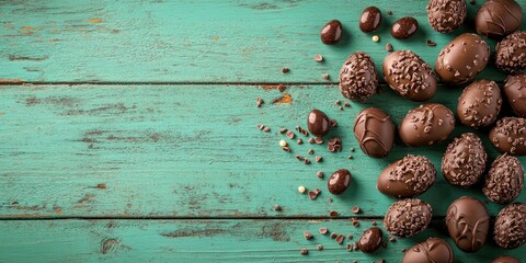 Aufkleber - Easter backdrop featuring chocolate eggs and dragees on a green wooden surface, top view frame, with copy space.