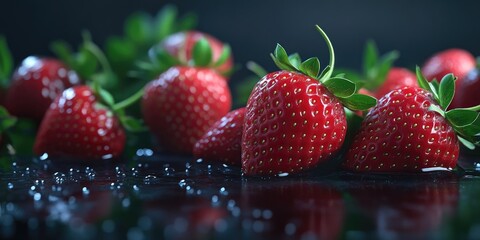 Poster - Close-up of fresh strawberries set against a dark background for use in various media.