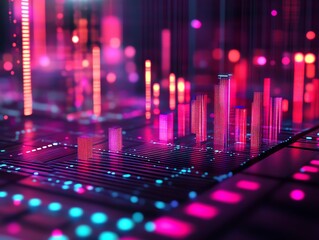 Fototapete - Abstract digital landscape with glowing pink and blue geometric shapes, representing data streams or a futuristic cityscape.