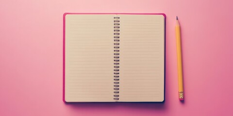 Fototapete - Notebook, blank page, pencil, editor. Pink backdrop. Instagram theme.