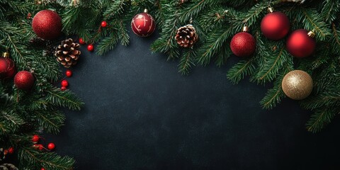 Leinwandbilder - Christmas backdrop featuring a fir tree and ornaments. Top view with copyspace.