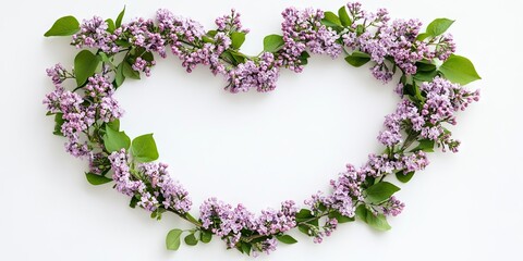 Leinwandbilder - A heart-shaped arrangement of lilac branches and flowers on a white background, top view, flat lay, copy space for Easter, Mother's Day, and Women's Day.