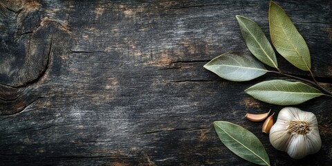 Poster - Bay leaf and garlic branch on a dark, aged wooden background with copy space.
