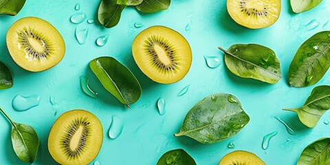 Aufkleber - Fresh kiwi and leaves on a turquoise backdrop.