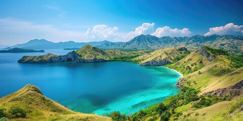 Poster - Stunning landscape featuring a turquoise lagoon and hills adorned with vegetation under a clear blue sky.