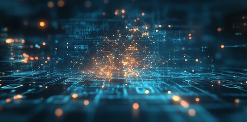 Poster - Abstract digital network data glowing with orange and blue light.