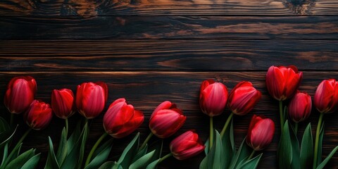 Sticker - A cluster of red tulips arranged on a dark wooden surface. Mockup, space for text.