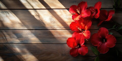 Aufkleber - Red flowers set against a wooden floor.