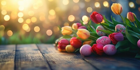 Aufkleber - Easter theme backdrop. Vibrant tulips and Easter eggs. Wooden table and background. Lovely bokeh. Space for text.