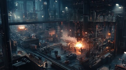 Welders work diligently in a vast industrial workshop, surrounded by sparks and heavy machinery creating metal products. Generative AI