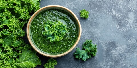Aufkleber - Delicious kale soup presented on a grey table, top view. Room for text.