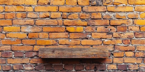 Wall Mural - Light orange brick backdrop featuring a weathered brown wooden board. Copy space