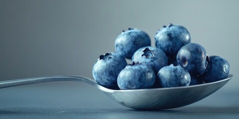 Poster - Fresh blueberries on a metal square spoon against a smooth gray background.