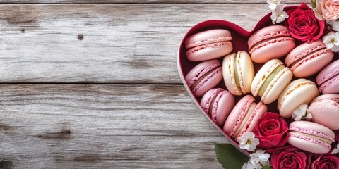 Fototapete - Spring banner featuring a bouquet of roses on a wooden background. Greeting card. Delightful macaroons in a heart-shaped box.