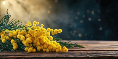 Aufkleber - Yellow French mimosa with catkins on a wooden table featuring copy space.