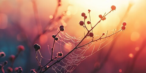 Aufkleber - Autumn abstract background featuring a dry plant at sunrise with a spiderweb, in a vintage retro style.