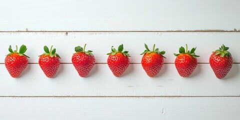Poster - Strawberry fruits arranged in a row on a white wooden table background.