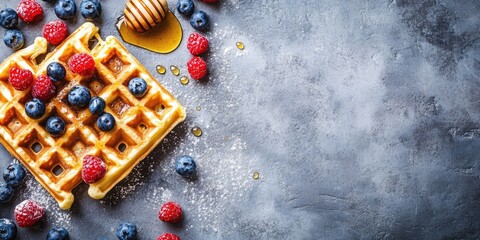 Aufkleber - Homemade Belgian waffles topped with berries and honey, set against a concrete background with copy space.