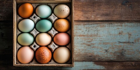 Poster - A box filled with vibrant eggs on a rustic backdrop.