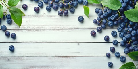 Aufkleber - Freshly picked ripe wild blueberries on a white wooden table background, symbolizing vitamins and healthy eating. Geometric border design with blueberries, copyspace for your text.