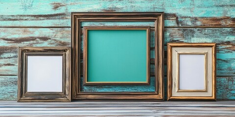 Aufkleber - empty picture frame on wooden surface - frame canvas on wall