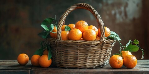 Poster - A basket filled with sweet tangerines on a wooden surface.