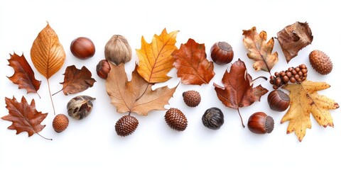 Poster - Autumn leaves, chestnuts, and acorns on a white background.