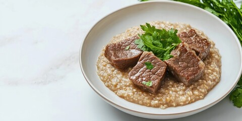 Poster - Buckwheat porridge accompanied by three pieces of boiled beef on a white plate, against a light background. Copyspace.