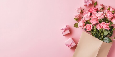 Leinwandbilder - Gift bag featuring a bouquet of pink roses and a gift box on a pastel pink background, with space for text. Flat lay, top view, suitable for birthdays, Mother's Day, or St. Valentine's.