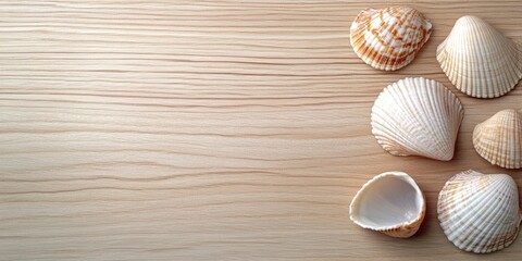 Leinwandbilder - Seashells on a beige-brown wooden surface. Copy space. Area for text. Striped background.