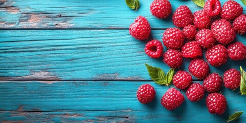 Poster - A cluster of raspberries on a vibrant wooden table background. Close-up composition with copy space for text.