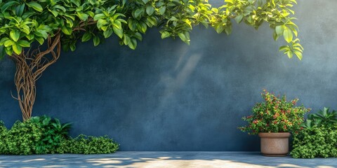 Canvas Print - Octopustree (Umbrella tree) green leaves adorn the garden by the wall background.