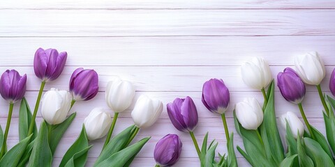 Aufkleber - Beautiful white and purple tulips on a white wooden surface. Spring. International Women's Day. Valentine's Day. Selective focus.