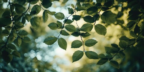 Aufkleber - Low-angle perspective of twigs featuring green leaves in a park.