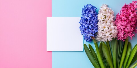 Poster - Flat lay arrangement featuring spring hyacinth flowers and a blank card on a colored background, with space for text.