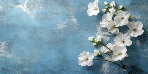 Aufkleber - White flowers on a blue concrete background. Background with copy space.