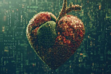 Aufkleber - A realistic human heart is depicted, surrounded by streams of digital code, symbolizing the connection between life and technology. Generative AI