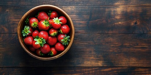 Poster - Bowl filled with fresh strawberries on a dark wooden table with copyspace. Top view.